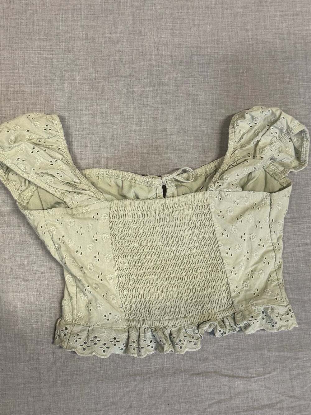 Hollister Sage Green Eyelet Crop Top with Puff Sleeves and Smocked Back - Picture 3 of 5